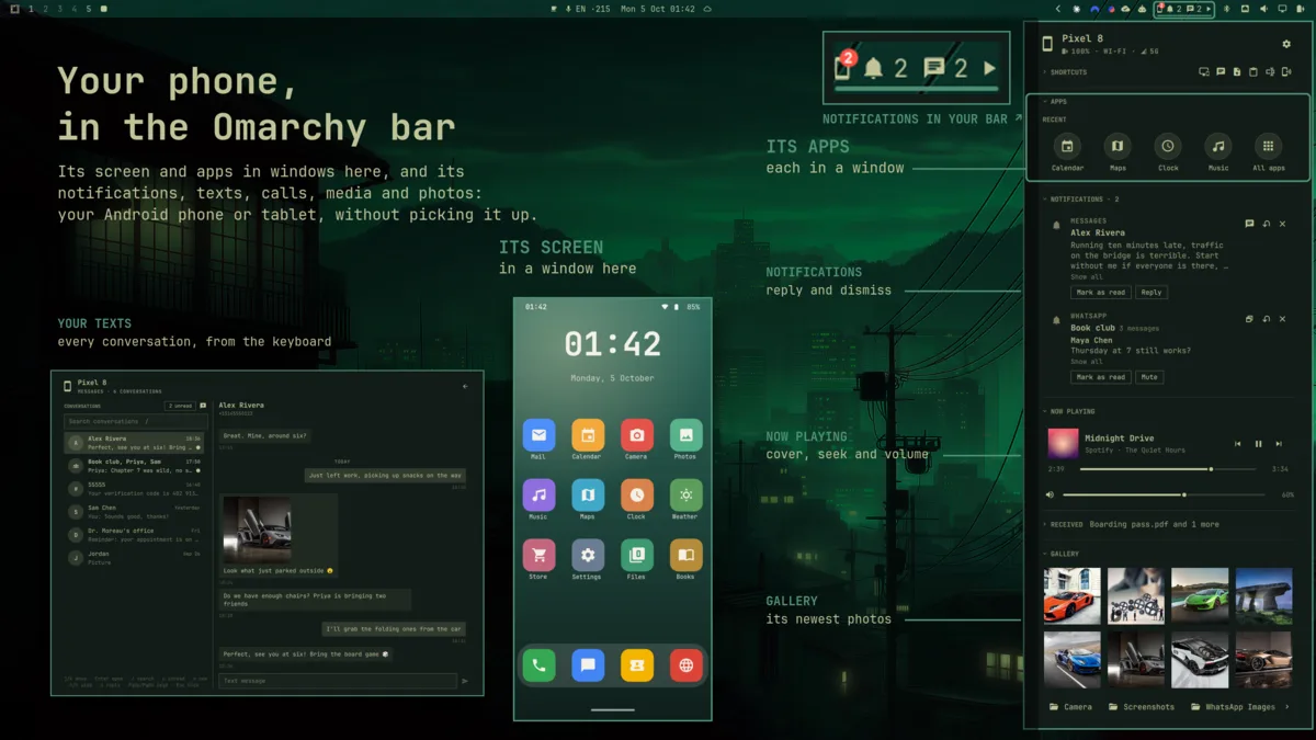 The Devices panel on an Omarchy desktop, with demo data